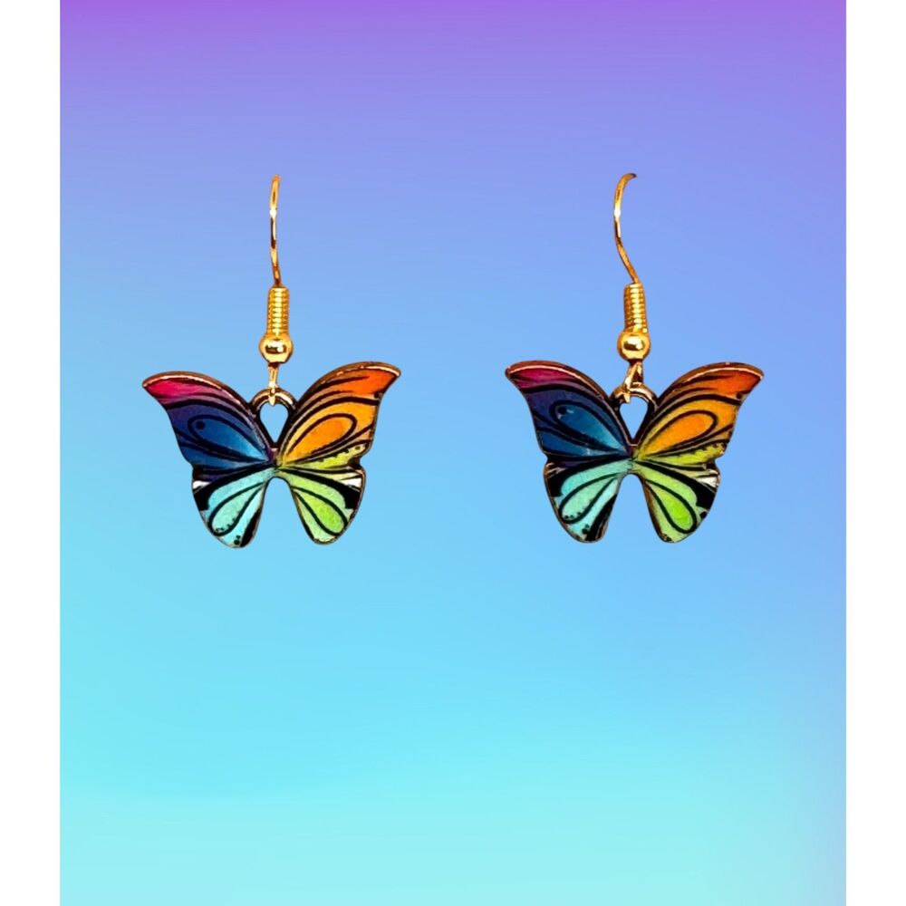 Enamel Colorful Butterfly 10kt Gold Earrings #2068 - Picture 3 of 5